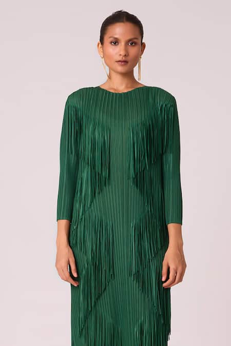 Buy_Scarlet Sage_Green Polyester Fringe Round Neck Chloe Long Dress _Online_at_Aza_Fashions