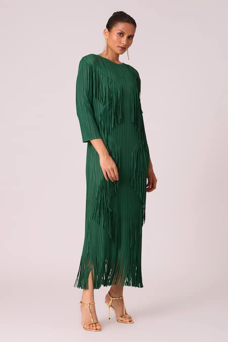 Shop_Scarlet Sage_Green Polyester Fringe Round Neck Chloe Long Dress _Online_at_Aza_Fashions
