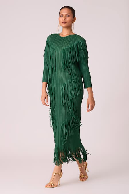 Scarlet Sage_Green Polyester Fringe Round Neck Chloe Long Dress _at_Aza_Fashions