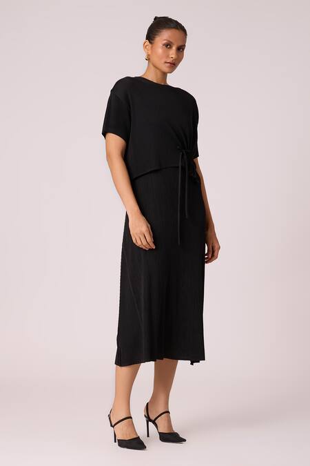 Shop_Scarlet Sage_Black Polyester Embroidery Round Neck Elsie Pleated Cape With Dress_Online_at_Aza_Fashions