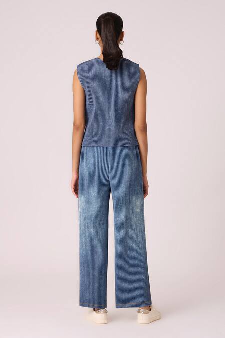 Shop Scarlet Sage Blue Polyester Round Neck Fae Top With Pant at Aza Fashions Shop_Scarlet Sage_Blue Polyester Round Neck Fae Top With Pant_at_Aza_Fashions