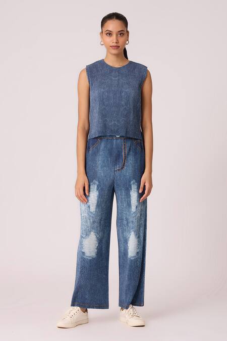 Buy Scarlet Sage Blue Polyester Round Neck Fae Top With Pant Online at Aza Fashions Buy_Scarlet Sage_Blue Polyester Round Neck Fae Top With Pant_Online_at_Aza_Fashions