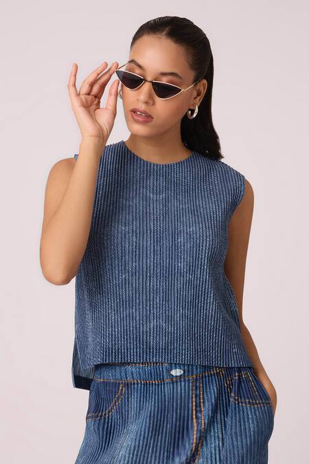 Shop Scarlet Sage Blue Polyester Round Neck Fae Top With Pant Online at Aza Fashions Shop_Scarlet Sage_Blue Polyester Round Neck Fae Top With Pant_Online_at_Aza_Fashions