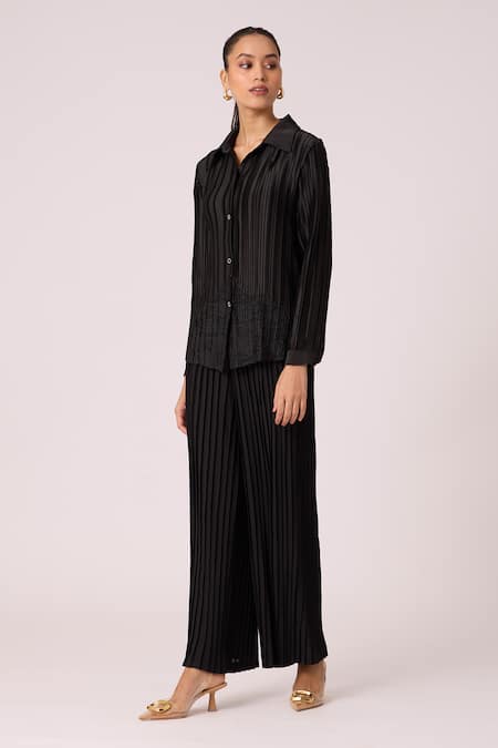 Buy_Scarlet Sage_Black Polyester Rhinestones Collared Gaby Satin Shirt_Online_at_Aza_Fashions