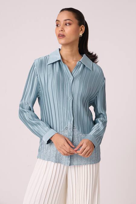 Scarlet Sage_Blue Polyester Rhinestones Collared Gaby Satin Pleated Shirt_Online_at_Aza_Fashions