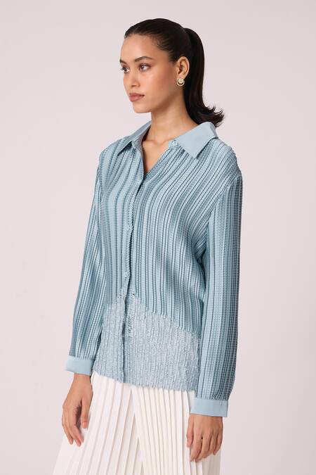 Shop_Scarlet Sage_Blue Polyester Rhinestones Collared Gaby Satin Pleated Shirt_Online_at_Aza_Fashions