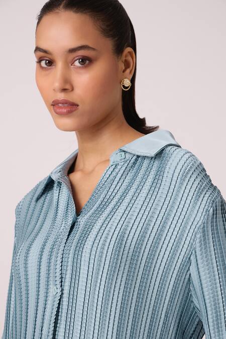 Scarlet Sage_Blue Polyester Rhinestones Collared Gaby Satin Pleated Shirt_at_Aza_Fashions
