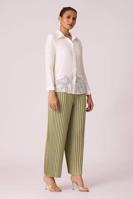 Scarlet Sage_White Polyester Rhinestones Collared Gaby Pleat Textured Shirt_Online_at_Aza_Fashions