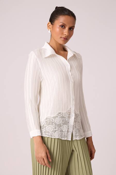 Shop_Scarlet Sage_White Polyester Rhinestones Collared Gaby Pleat Textured Shirt_Online_at_Aza_Fashions