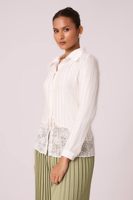Scarlet Sage_White Polyester Rhinestones Collared Gaby Pleat Textured Shirt_at_Aza_Fashions