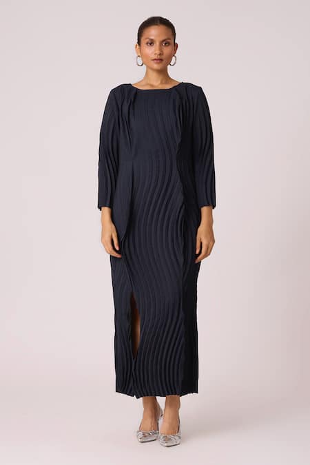 Scarlet Sage_Blue Polyester Round Neck Imogen Front Slit Dress_Online_at_Aza_Fashions