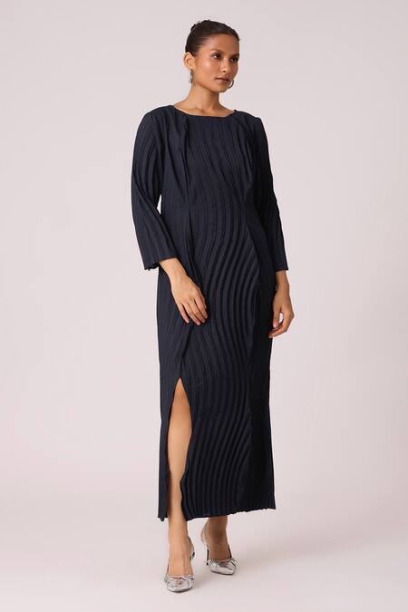 Buy_Scarlet Sage_Blue Polyester Round Neck Imogen Front Slit Dress_Online_at_Aza_Fashions