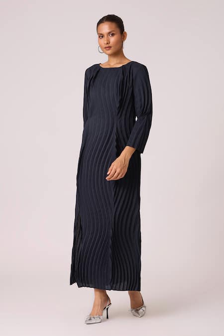 Shop_Scarlet Sage_Blue Polyester Round Neck Imogen Front Slit Dress_Online_at_Aza_Fashions