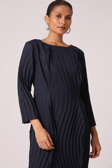 Scarlet Sage_Blue Polyester Round Neck Imogen Front Slit Dress_at_Aza_Fashions