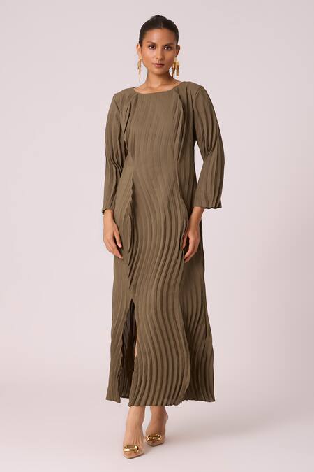 Scarlet Sage_Brown Polyester Round Neck Imogen Front Slit Shift Dress _Online_at_Aza_Fashions