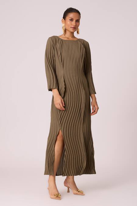 Buy_Scarlet Sage_Brown Polyester Round Neck Imogen Front Slit Shift Dress _Online_at_Aza_Fashions