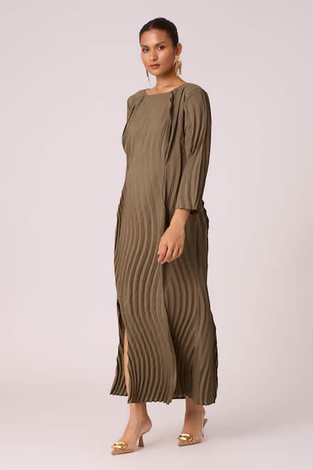 Shop_Scarlet Sage_Brown Polyester Round Neck Imogen Front Slit Shift Dress _Online_at_Aza_Fashions