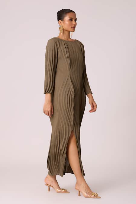 Scarlet Sage_Brown Polyester Round Neck Imogen Front Slit Shift Dress _at_Aza_Fashions