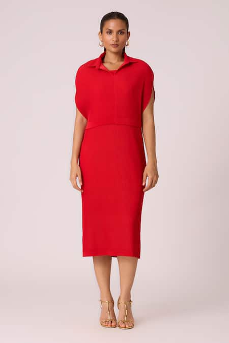 Scarlet Sage_Red Polyester Collared Josie Pleated Dress With Cape_Online_at_Aza_Fashions