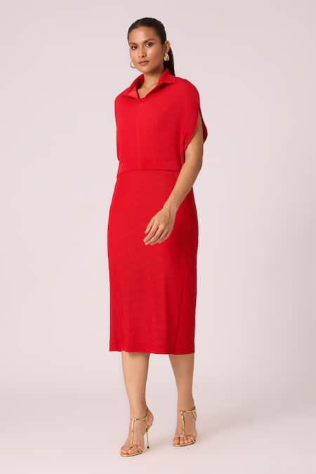 Buy_Scarlet Sage_Red Polyester Collared Josie Pleated Dress With Cape_Online_at_Aza_Fashions