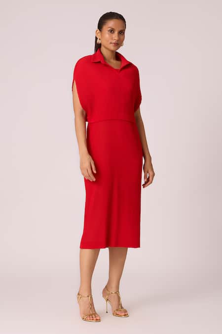 Shop_Scarlet Sage_Red Polyester Collared Josie Pleated Dress With Cape_Online_at_Aza_Fashions