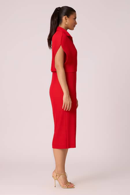 Scarlet Sage_Red Polyester Collared Josie Pleated Dress With Cape_at_Aza_Fashions
