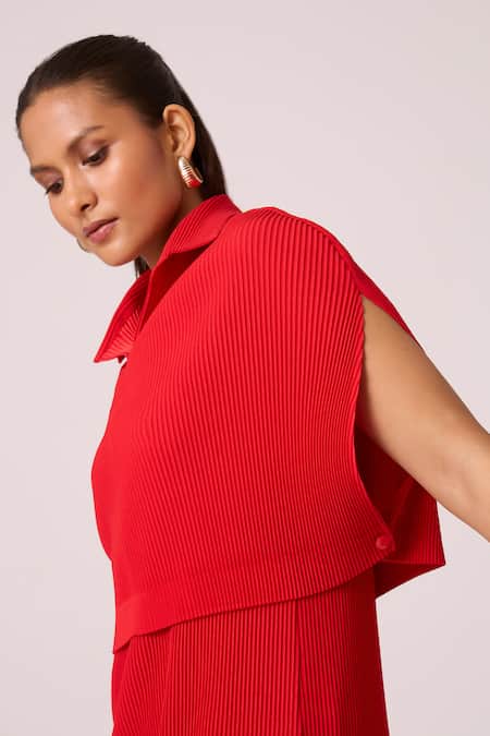 Buy_Scarlet Sage_Red Polyester Collared Josie Pleated Dress With Cape