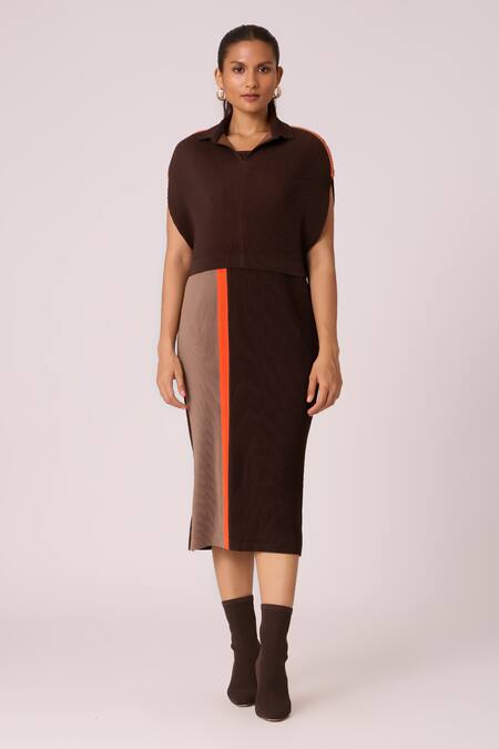 Scarlet Sage_Brown Polyester Collared Josie Pleated Shift Dress With Cape_Online_at_Aza_Fashions
