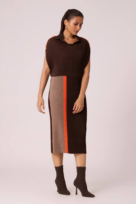 Buy_Scarlet Sage_Brown Polyester Collared Josie Pleated Shift Dress With Cape_Online_at_Aza_Fashions