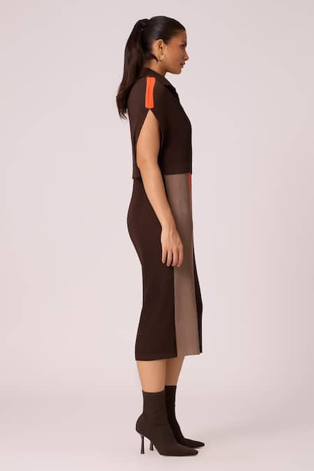 Shop_Scarlet Sage_Brown Polyester Collared Josie Pleated Shift Dress With Cape_Online_at_Aza_Fashions