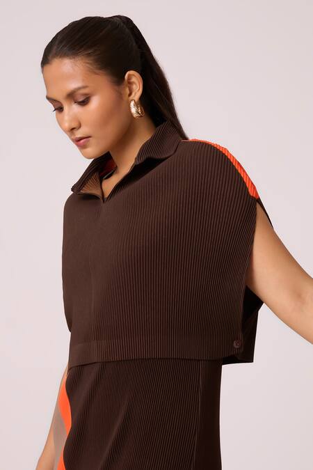 Buy_Scarlet Sage_Brown Polyester Collared Josie Pleated Shift Dress With Cape
