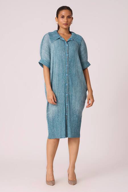 Scarlet Sage_Blue Polyester Collared Maria Shirt Dress_Online_at_Aza_Fashions