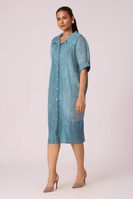 Buy_Scarlet Sage_Blue Polyester Collared Maria Shirt Dress_Online_at_Aza_Fashions