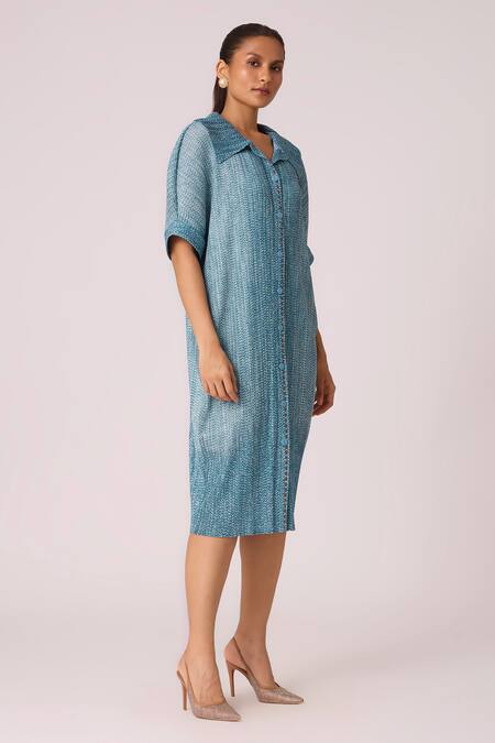 Shop_Scarlet Sage_Blue Polyester Collared Maria Shirt Dress_Online_at_Aza_Fashions