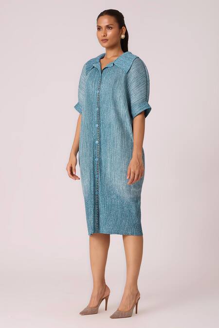 Scarlet Sage_Blue Polyester Collared Maria Shirt Dress_at_Aza_Fashions