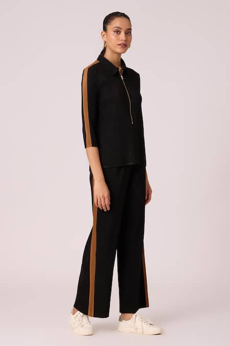 Shop_Scarlet Sage_Black Polyester Collared Maude Zipper Top With Straight Pant_Online_at_Aza_Fashions