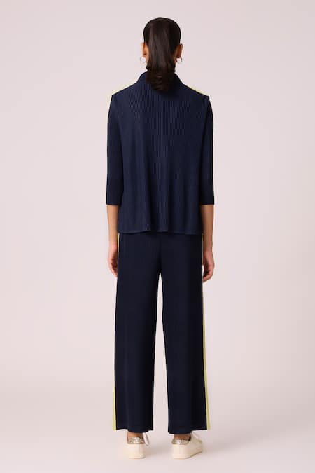 Shop Scarlet Sage Blue Polyester Collared Maude Zipper Top With Pant at Aza Fashions Shop_Scarlet Sage_Blue Polyester Collared Maude Zipper Top With Pant_at_Aza_Fashions