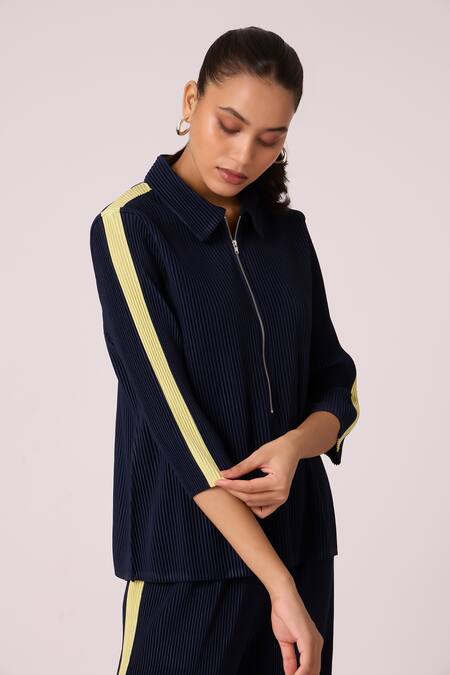 Buy Scarlet Sage Blue Polyester Collared Maude Zipper Top With Pant Online at Aza Fashions Buy_Scarlet Sage_Blue Polyester Collared Maude Zipper Top With Pant_Online_at_Aza_Fashions