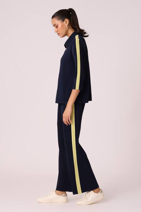 Shop Scarlet Sage Blue Polyester Collared Maude Zipper Top With Pant Online at Aza Fashions Shop_Scarlet Sage_Blue Polyester Collared Maude Zipper Top With Pant_Online_at_Aza_Fashions