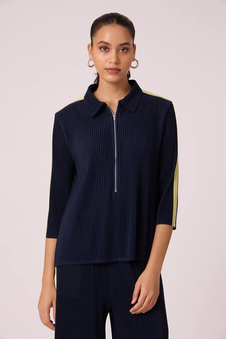 Shop Scarlet Sage Blue Polyester Collared Maude Zipper Top With Pant Shop_Scarlet Sage_Blue Polyester Collared Maude Zipper Top With Pant