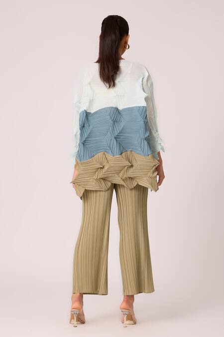 Shop Scarlet Sage Beige Polyester Embroidery Round Neck Mona Colourblock Top With Pant at Aza Fashions Shop_Scarlet Sage_Beige Polyester Embroidery Round Neck Mona Colourblock Top With Pant_at_Aza_Fashions