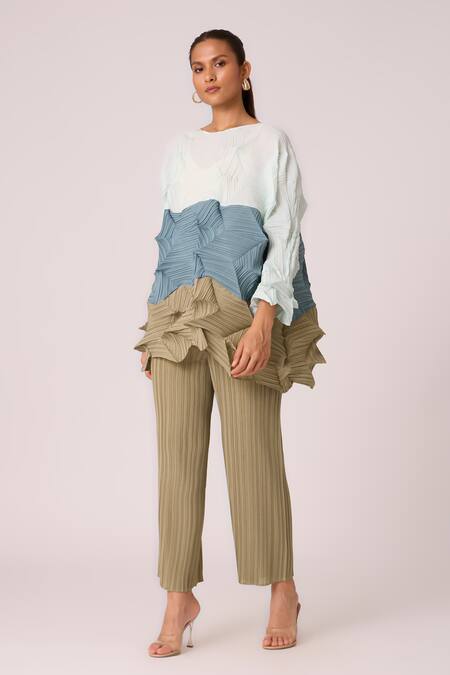 Buy Scarlet Sage Beige Polyester Embroidery Round Neck Mona Colourblock Top With Pant Online at Aza Fashions Buy_Scarlet Sage_Beige Polyester Embroidery Round Neck Mona Colourblock Top With Pant_Online_at_Aza_Fashions