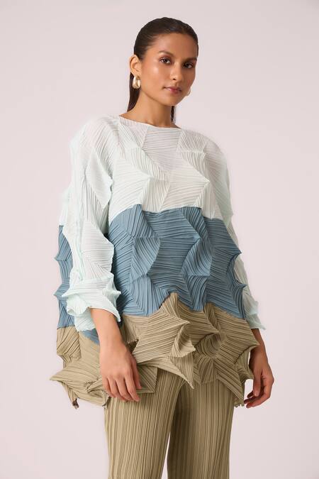 Shop Scarlet Sage Beige Polyester Embroidery Round Neck Mona Colourblock Top With Pant Online at Aza Fashions Shop_Scarlet Sage_Beige Polyester Embroidery Round Neck Mona Colourblock Top With Pant_Online_at_Aza_Fashions