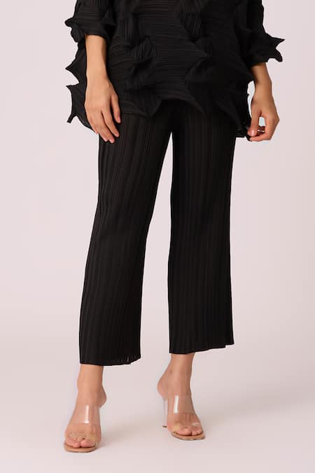Scarlet Sage_Black Polyester Round Neck Mona 3d Pleat Detailed Top With Pant_Online_at_Aza_Fashions