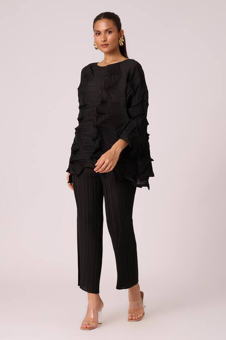 Buy_Scarlet Sage_Black Polyester Round Neck Mona 3d Pleat Detailed Top With Pant_Online_at_Aza_Fashions