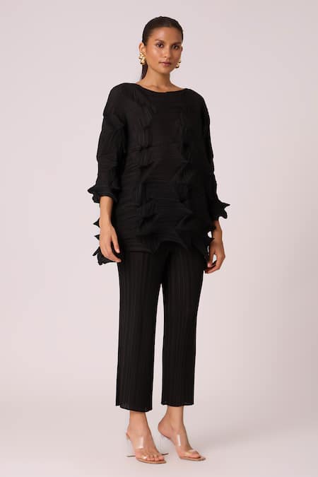 Shop_Scarlet Sage_Black Polyester Round Neck Mona 3d Pleat Detailed Top With Pant_Online_at_Aza_Fashions