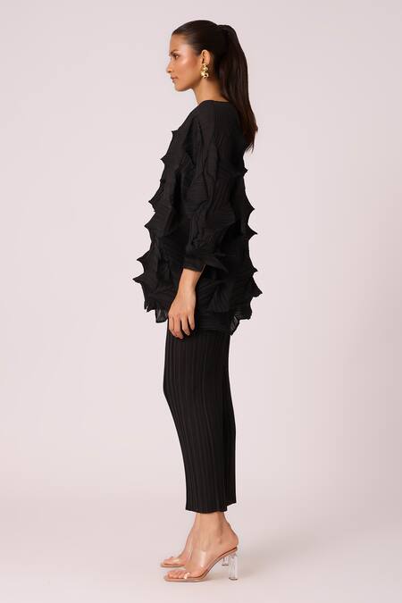 Scarlet Sage_Black Polyester Round Neck Mona 3d Pleat Detailed Top With Pant_at_Aza_Fashions