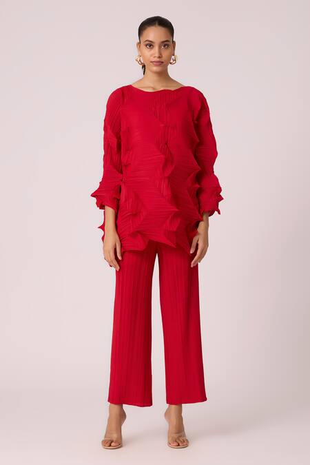 Scarlet Sage_Red Polyester Round Neck Mona Pleat Detailed Top With Pant_Online_at_Aza_Fashions