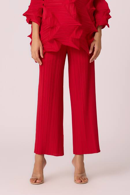 Buy_Scarlet Sage_Red Polyester Round Neck Mona Pleat Detailed Top With Pant_Online_at_Aza_Fashions