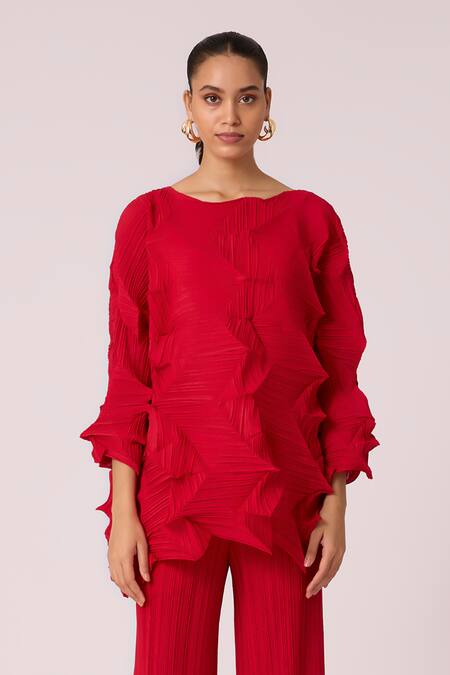 Shop_Scarlet Sage_Red Polyester Round Neck Mona Pleat Detailed Top With Pant_Online_at_Aza_Fashions